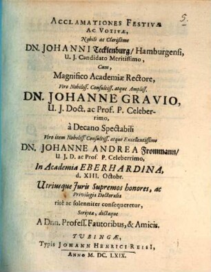 Acclamationes festivae ... Johanni Tecklenburg Hamb., cum ... utriusque juris supremos honores ... consequeretur scriptae ... a Profess. fautoribus et amicis