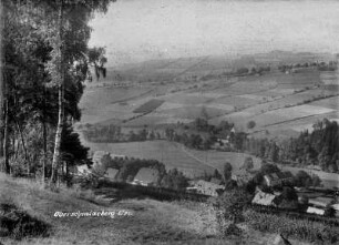 Blick über den Ort zur Oberschaar : li. Lehngut und Gasthof, Mitte Deckert-Schneidmühle, dahinter Pomp-Schmied und Häuser am Wiesenweg, hinten Mitte: Kehrer-Gut (bereits Oberschaar)