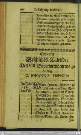 Curieuser Geschichts-Calender Des VIII. Superintendentens zu Leipzig D. Johannis Höpneri