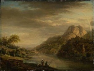 Gebirgige Flusslandschaft mit Regenbogen