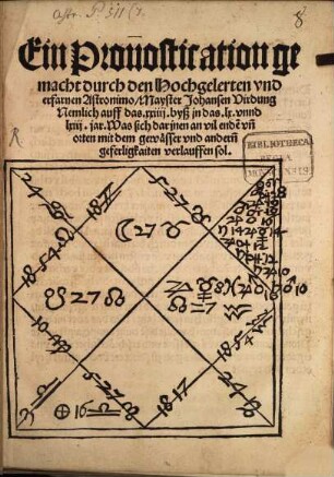 Ein Pronostication gemacht durch den Hochgelerten vnd erfarnen Astronimo Mayster Johansen Virdung Nemlich auff das xxiiii byß in das lx. vnnd lxiij. jar : Was sich darjnen an vil ende vn[d] orten mit dem gewaesser vnd andern geferligkaiten verlauffen sol