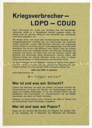Propagandaflugblatt der SED mit Polemik gegen CDU und LDPD wegen deren Haltung zu Kriegsverbrechern