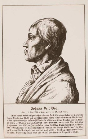 Johann Veit Döll : Sachse, Emil Eugen (1828-1887): Bildnis des Medailleurs Johann Veit Döll im Profil (1750-1835), Holzschnitt. Dresden: Kupferstich-Kabinett