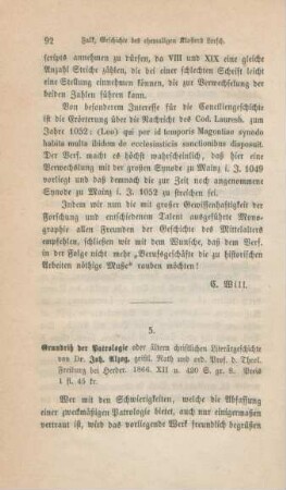 92-103 [Rezension] Alzog, Johann Baptist, Grundriß der Patrologie oder der ältern christlichen Literärgeschichte