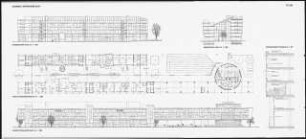 Neugestaltung der Spreeufer von Friedrichshain und Kreuzberg, Berlin Schinkelwettbewerb 1991: Verwaltungsgebäude EG 1:200, Ansicht Stralauer Platz 1:200, Schnitte 1:200, Schnitt 1:50