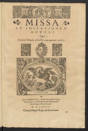 Missa ad imitationem moduli: Iager [...] cum quatuor vocibus