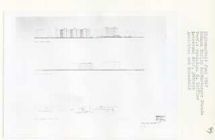 Wohnen Schöneberger Straße, Berlin-Tempelhof (Diplomarbeit bei Kurt Dübbers): Ansichten und Perspektivische Ansicht 1:500