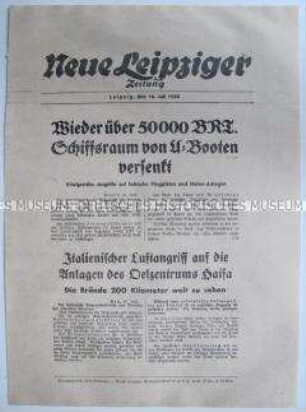 Extrablatt der "Neuen Leipziger Zeitung" u.a. über italienische Angriffe auf britische Schiffe