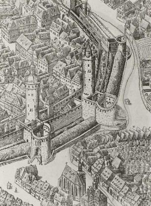 Bautzen, die Haupt- und Sechs-Stadt im Markgrafentum Oberlausitz, Vogelschau (Schreiberplan) : Bautzen, die Haupt- und Sechs-Stadt im Markgrafentum Oberlausitz, Vogelschau (Schreiberplan), Ausschnitt: Katechismus- und Wendisch Katholische Kirche sowie Reichen- und Wendischer Turm