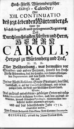 1752: Württembergisches Adressbuch, 1752