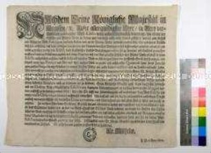 Edikt von Friedrich Wilhelm I. König in Preußen betreffend Wollverarbeitung und Wollhandel sowie Ausfuhrverbot für Schäfer- und Pündelwolle