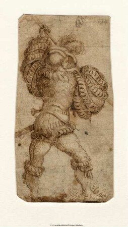 Landsknecht, in Rückansicht, mit der Hellebarde nach rechts zum Schlage ausholend oder parierend