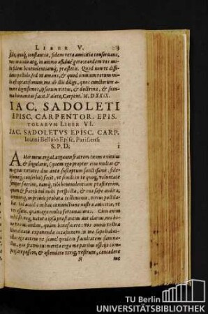 Iac. Sadoleti Episc. Carpentor. Epistolarum Liber VI. Iac. Sadoletus Episc. Carp. Ioanni Bellaio Episc. Parisiensi S.P.D.