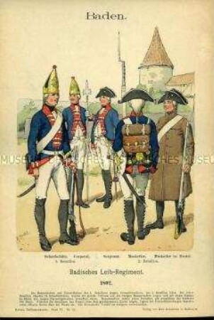 Uniformdarstellung, Scharfschütze, Korporal, Sergeant und Musketiere des Leib-Infanterie-Regiments, Markgrafschaft Baden, 1802.