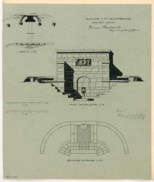 Quellfassung Monatskonkurrenz April 1906: Lageplan 1:250, Grundriss 1:50, Aufriss Vorderansicht 1:25; Maßstabsleiste