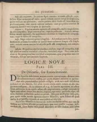 Logicae Novae Pars III. De Discursu, seu Ratiocinatione.