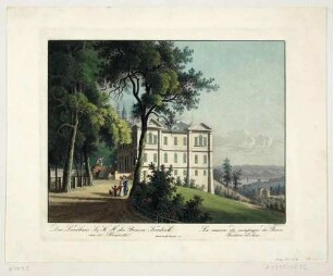 Die alte Königliche Villa auf dem Königlichen Weinberg in Wachwitz bei Dresden, im Hintergrund die neogotische Kapelle, rechts das Elbtal