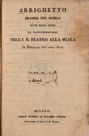 Arrighetto : Dramma per musica di'un solo atto