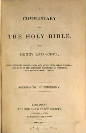 A commentary upon the holy Bible, 1 (1835/36). Genesis to Deuteronomy