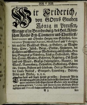 Wir Friederich, von Gottes Gnaden König in Preussen,[...]