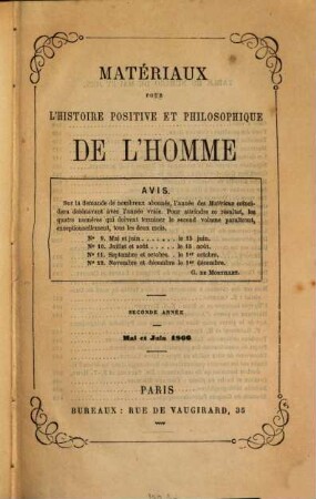 Matériaux pour l'histoire positive et philosophique de l'homme, 2. 1865/66 (1866), Sept. - Aug.