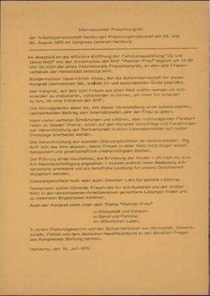 Ankündigung Internationaler Frauenkongreß "Partner Frau"