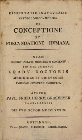 Diss. inaug. physiol.-med. de conceptione et foecundatione humana