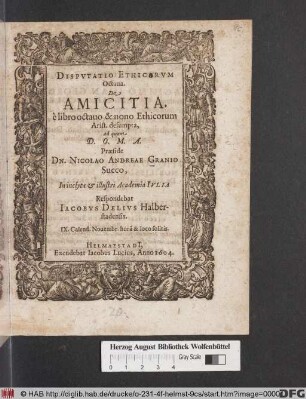 Disputatio Ethicarum Octava. De Amicitia : è libro octavo & nono Ethicorum Arist. desumpta
