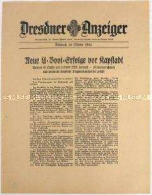 Nachrichtenblatt "Dresdner Anzeiger" mit Meldungen des Oberkommandos der Wehrmacht u.a. zum Unterseebootkrieg vor Südafrika