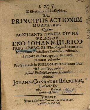 Dissertatio Philosophica De Principiis Actionum Moralium