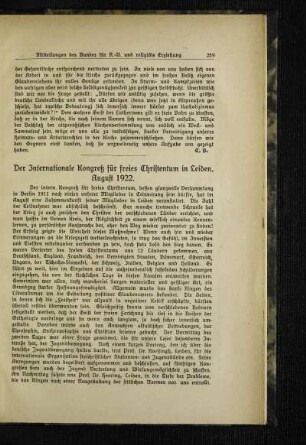 ¬Der¬ Internationale Kongreß für freies Christentum in Leiden : August 1922