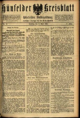 Erste Ausgabe vom Samstag, den 15. April 1922.