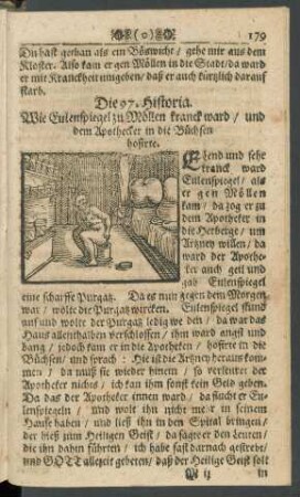 Die 97. Historia. Wie Eulenspiegel zu Möllen kranck ward/ und dem Apothecker in die Büchsen hofirte