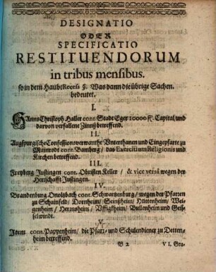 Designatio Restituendorum in tribus Terminis : vermög des praeliminar: und HaubtRecess, mit lit. A. bezeichnet