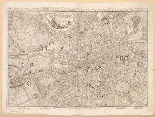 Survey of the City and Surburbs of Dublin with the Division of the Parishes Reduc'd from the Large Plan in four Sheets : To John Rutland Esq. r This Plan is most humbly inscrib'd = Plan de la Ville, et Faubourgs de Dublin, avec La Division Des Paroisses Redui D'apres celui qui Est en 4 feuilles