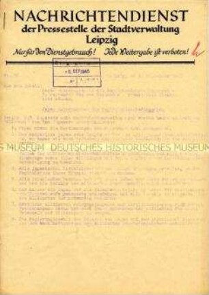 Interner Nachrichtendienst der Stadtverwaltung Leipzig u.a. zur Unterzeichnung der Kapitulationsbedingen durch Japan