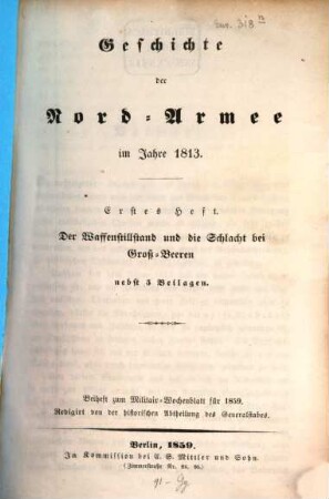 Geschichte der Nord-Armee im Jahre 1813, 1. Der Waffenstillstand und die Schlacht bei Groß-Beeren