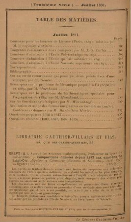 Table des matières. Juillet 1891.