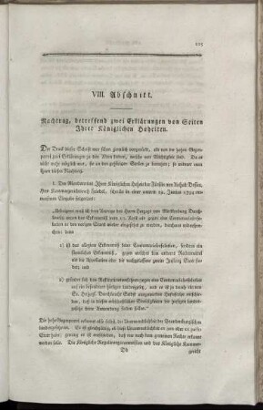 VIII. Abschnitt. Nachtrag, betreffend zwei Erklärungen von Seiten Ihrer Königlichen Hoheiten.