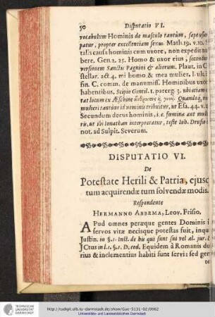 Disputatio VI. De Potestate Herili & Patria, ejusq; tum acquirendae tum solvendae modis