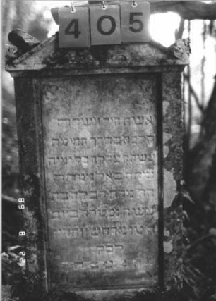 Grabstein 405 (Index: 99799619) Material: Sandstein Zustand: stark verwittert Maße HxBxT: 100x48x11 cm Beschreibung: Stele, Abdeckplatte, Giebelaufsatz, Seitenakrotere, Schriftfeld eingetieft, Sockel Symbolik: floral: Grabstein 405 (Detailaufnahme 1)