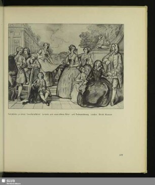 Farbskizze zu einem Gesellschaftsbild. Lavierte und aquarellierte Rötel- und Federzeichnung