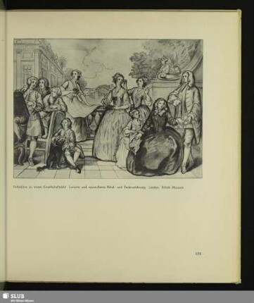 Farbskizze zu einem Gesellschaftsbild. Lavierte und aquarellierte Rötel- und Federzeichnung