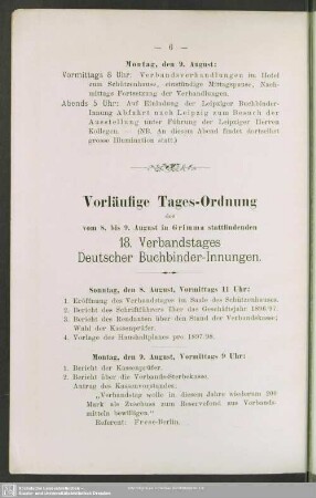 Vorläufige Tages-Ordnung des vom 8. bis 9. August in Grimma stattfindenden 18. Verbandstages Deutscher Buchbinder-Innungen