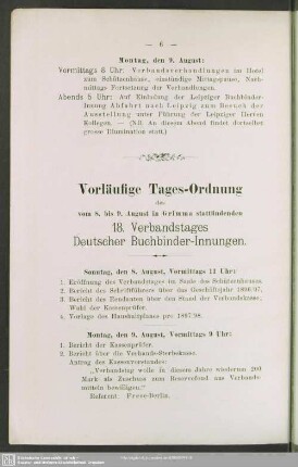 Vorläufige Tages-Ordnung des vom 8. bis 9. August in Grimma stattfindenden 18. Verbandstages Deutscher Buchbinder-Innungen