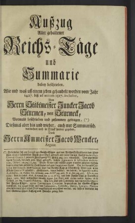 Außzug aller gehaltener Reichs-Tage und Summarie