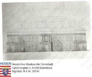 Darmstadt, Hoftheater / Seitenansicht des 2. Entwurfs von Gottfried Semper (1803-1879) für den Wiederaufbau des Hoftheaters nach dem Brand von 1871