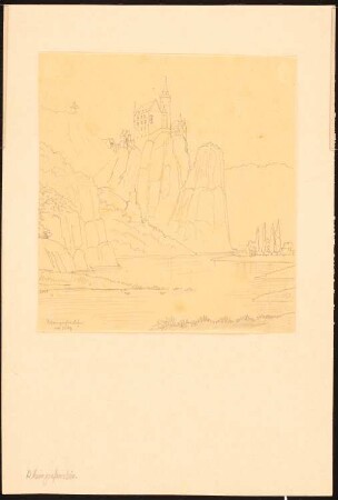 Burg Rheingrafenstein bei Bad Münster: Durchzeichnung: Perspektivische Ansicht der intakten Burg vor 1689 vom Rhein aus (nach einem alten Original?)