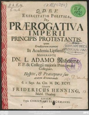 Exercitatio Politica, De Praerogativa Imperii Principis Protestantis