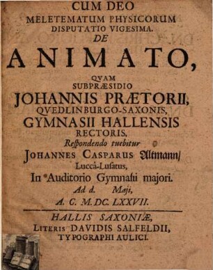 Meletematum physicorum disputatio vigesima de animato